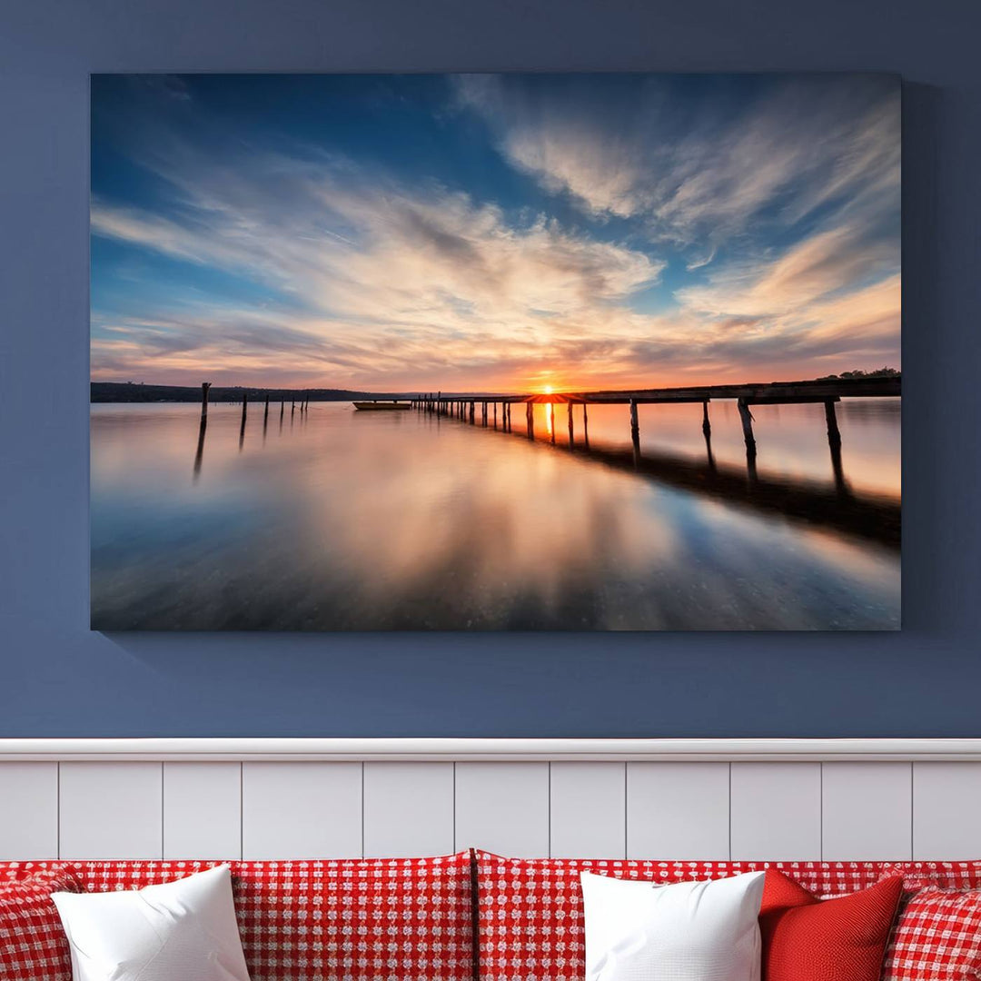 Sunset Over Pier Canvas Wall Art Print - Serene Ocean Sunset Landscape for Living Room, Large 3 Panel Seaside Wall Decor