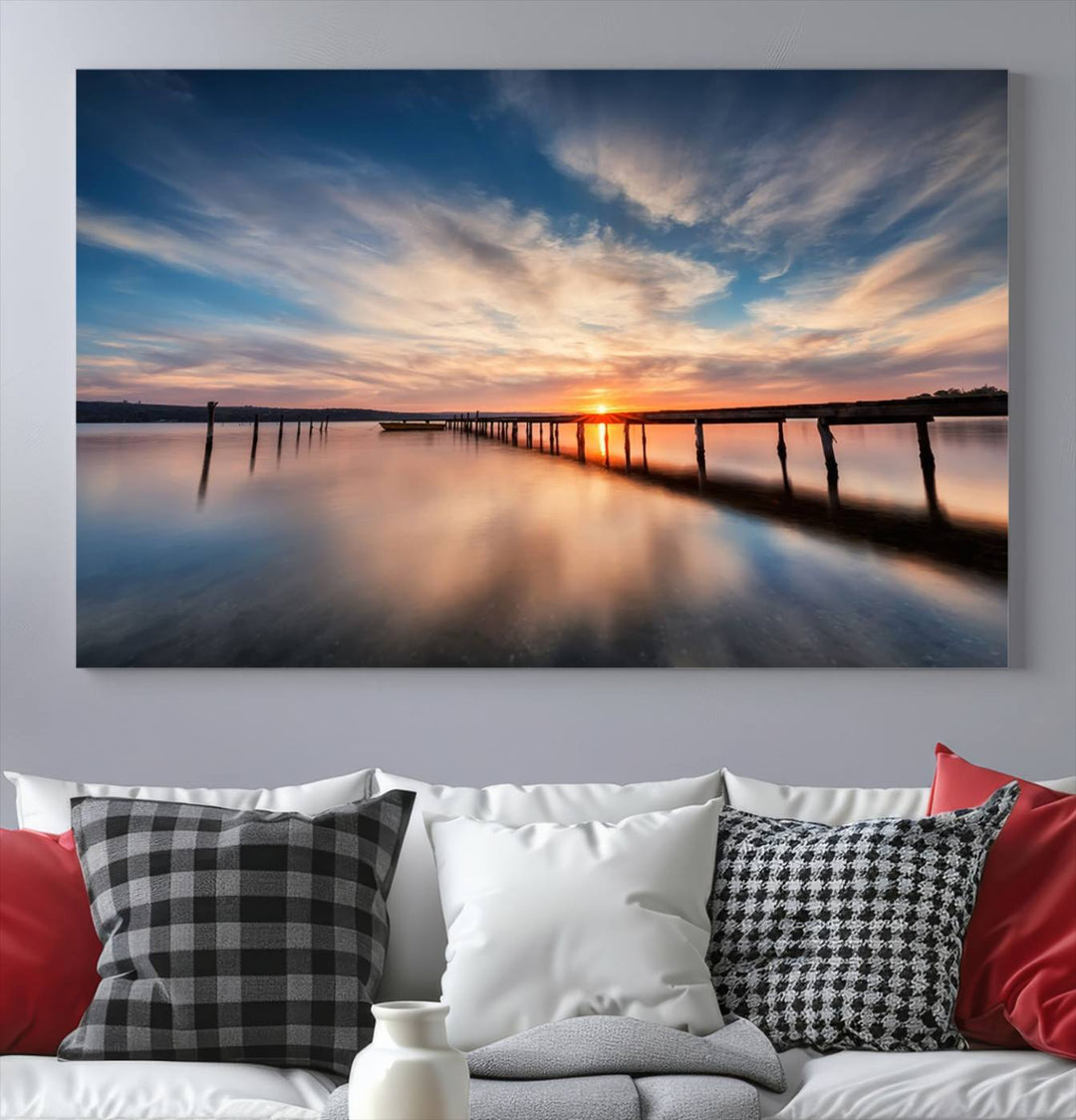 Sunset Over Pier Canvas Wall Art Print - Serene Ocean Sunset Landscape for Living Room, Large 3 Panel Seaside Wall Decor