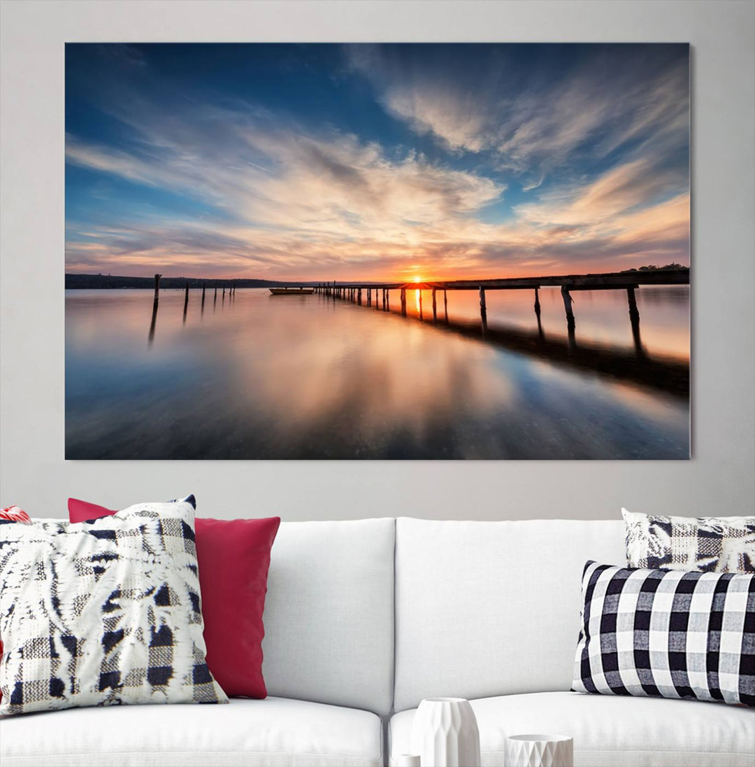 Sunset Over Pier Canvas Wall Art Print - Serene Ocean Sunset Landscape for Living Room, Large 3 Panel Seaside Wall Decor