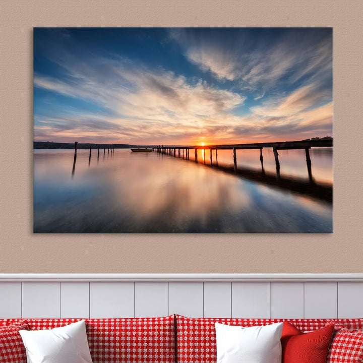 Sunset Over Pier Canvas Wall Art Print - Serene Ocean Sunset Landscape for Living Room, Large 3 Panel Seaside Wall Decor