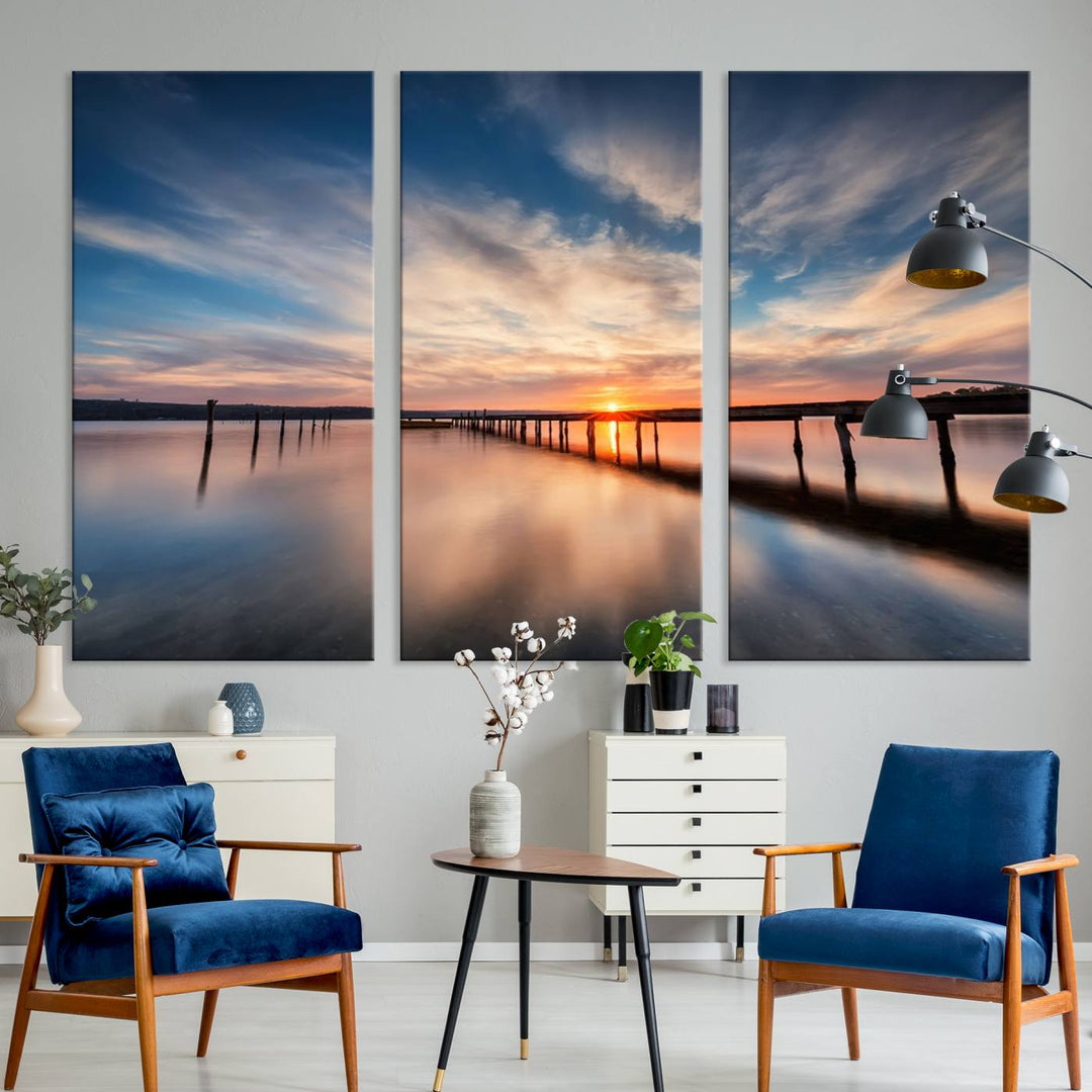 Sunset Over Pier Canvas Wall Art Print - Serene Ocean Sunset Landscape for Living Room, Large 3 Panel Seaside Wall Decor