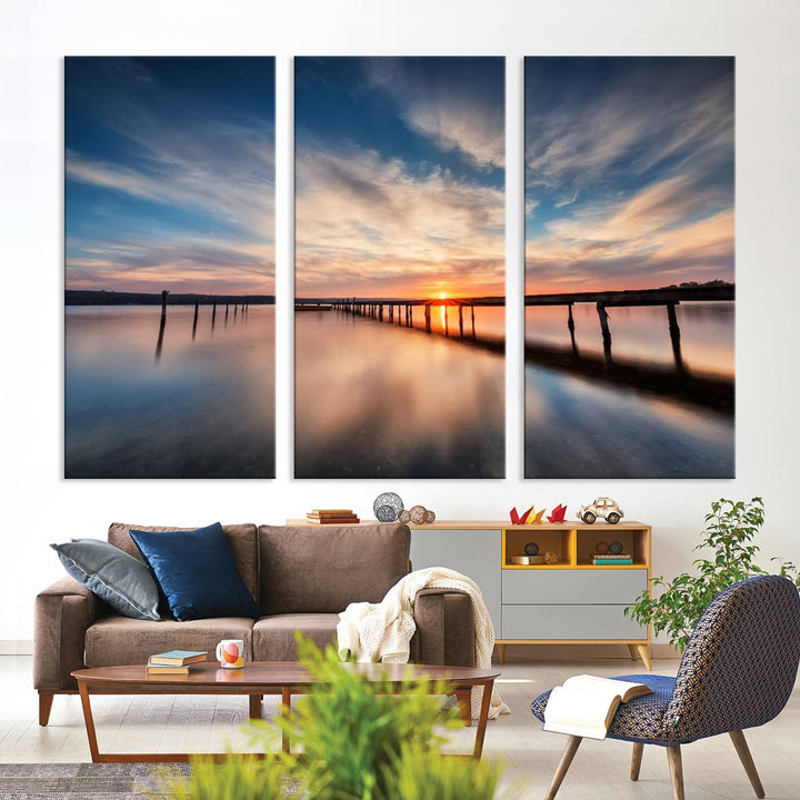 Sunset Over Pier Canvas Wall Art Print - Serene Ocean Sunset Landscape for Living Room, Large 3 Panel Seaside Wall Decor