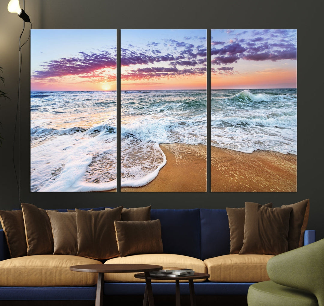 Sunset over the Horizon Beach Waves Coastal Wall Art Print Extra Large Canvas Wall Decor