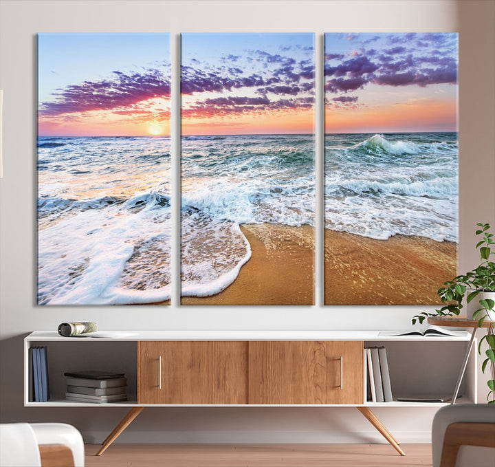 Sunset over the Horizon Beach Waves Coastal Wall Art Print Extra Large Canvas Wall Decor