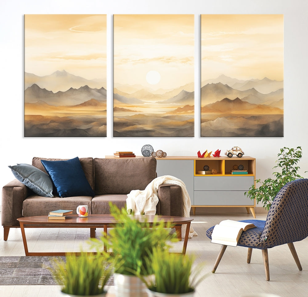 Sunset Painting Set of , Landscape Canvas Print, Large Wall Art, Framed Art Print, Neutral Wall Decor