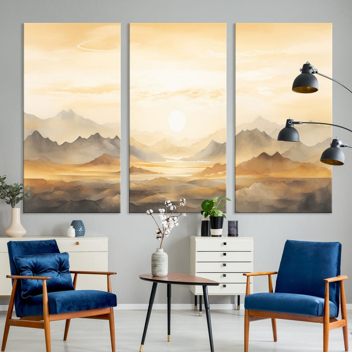 Sunset Painting Set of , Landscape Canvas Print, Large Wall Art, Framed Art Print, Neutral Wall Decor