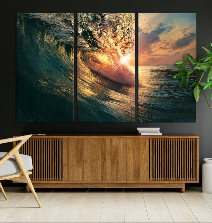 Sunset Surf Wave on Ocean Canvas Wall Art Print Coastal Artwork for Hallway Decor