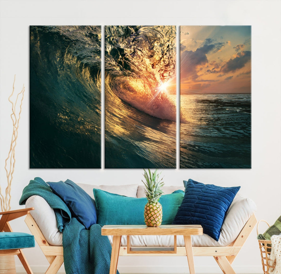 Sunset Surf Wave on Ocean Canvas Wall Art Print Coastal Artwork for Hallway Decor