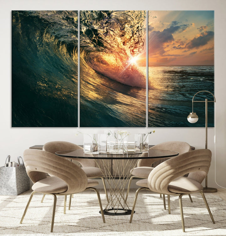 Sunset Surf Wave on Ocean Canvas Wall Art Print Coastal Artwork for Hallway Decor