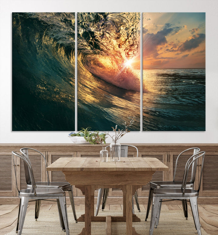 Sunset Surf Wave on Ocean Canvas Wall Art Print Coastal Artwork for Hallway Decor