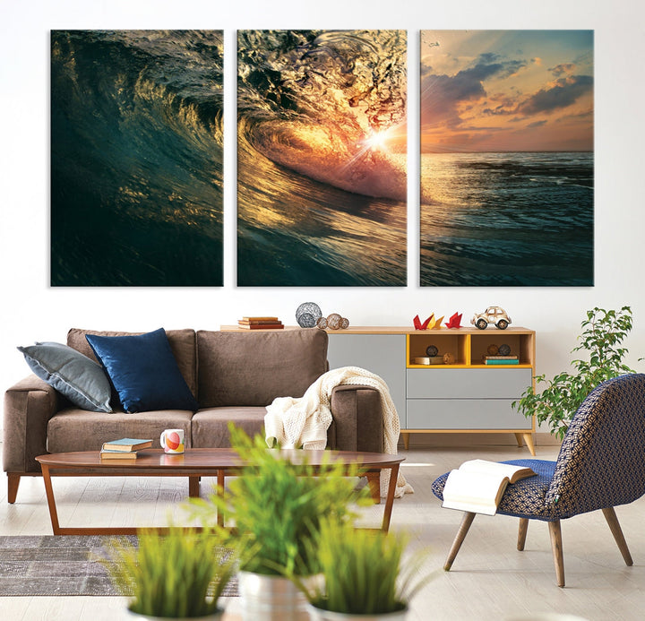 Sunset Surf Wave on Ocean Canvas Wall Art Print Coastal Artwork for Hallway Decor