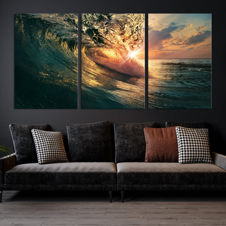 Sunset Surf Wave on Ocean Canvas Wall Art Print Coastal Artwork for Hallway Decor