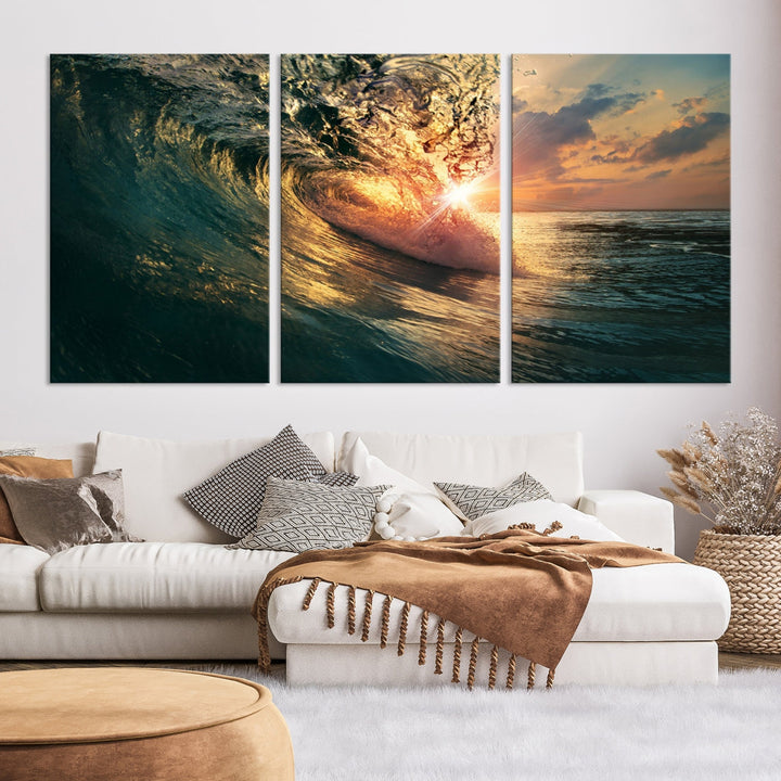 Sunset Surf Wave on Ocean Canvas Wall Art Print Coastal Artwork for Hallway Decor