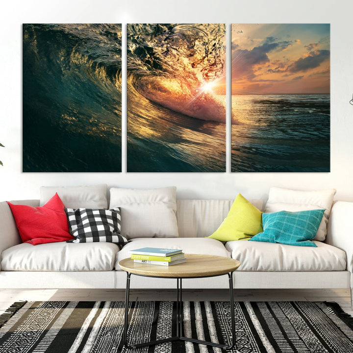 Sunset Surf Wave on Ocean Canvas Wall Art Print Coastal Artwork for Hallway Decor