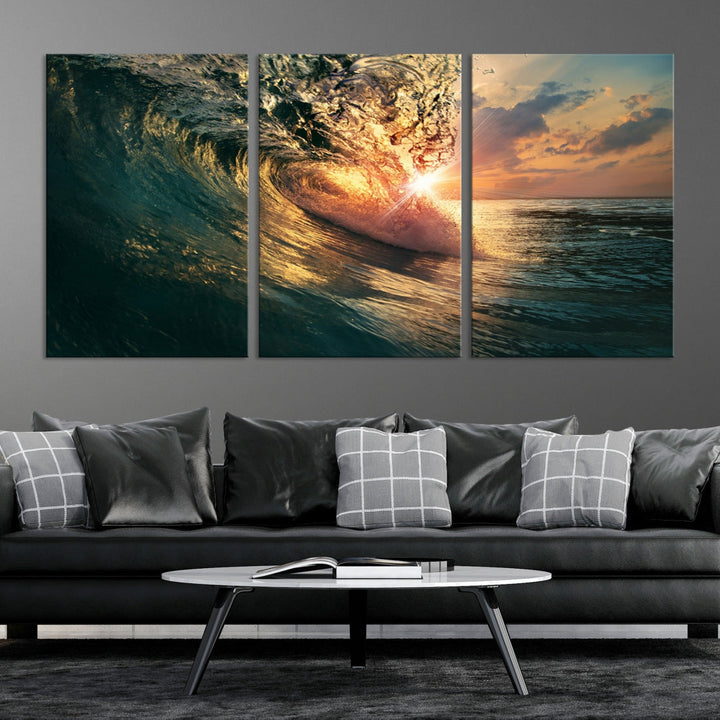 Sunset Surf Wave on Ocean Canvas Wall Art Print Coastal Artwork for Hallway Decor