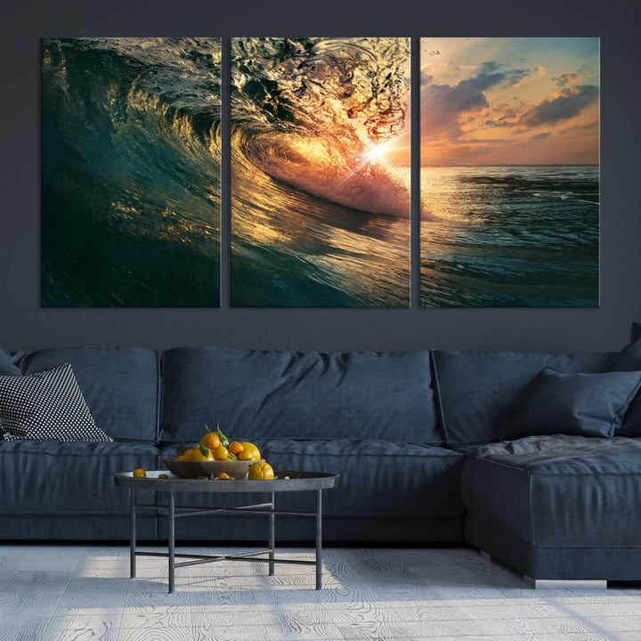 Sunset Surf Wave on Ocean Canvas Wall Art Print Coastal Artwork for Hallway Decor