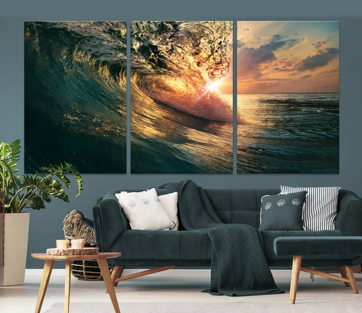 Sunset Surf Wave on Ocean Canvas Wall Art Print Coastal Artwork for Hallway Decor