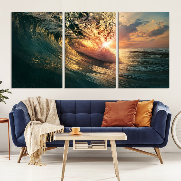 Sunset Surf Wave on Ocean Canvas Wall Art Print Coastal Artwork for Hallway Decor