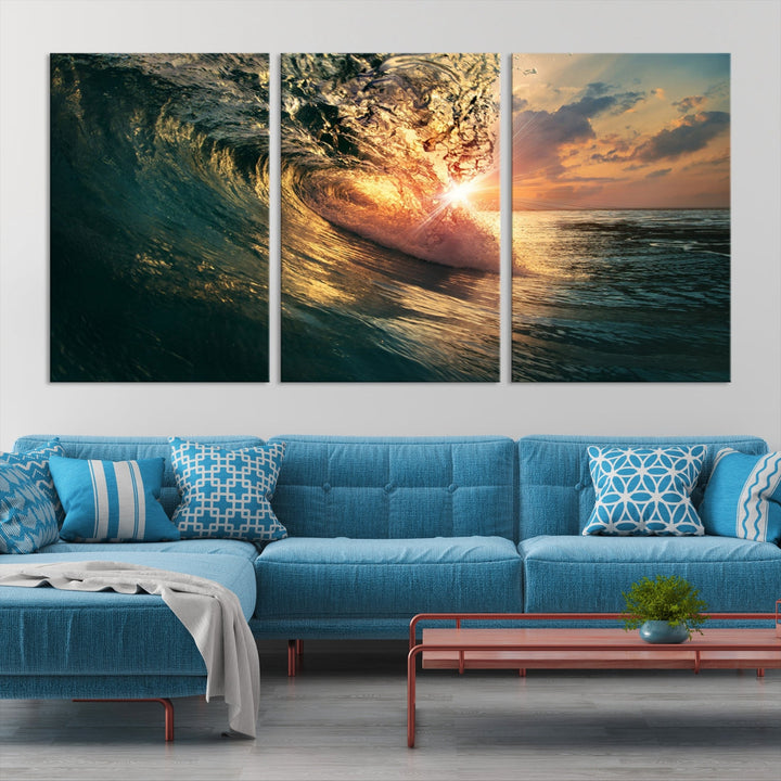 Sunset Surf Wave on Ocean Canvas Wall Art Print Coastal Artwork for Hallway Decor