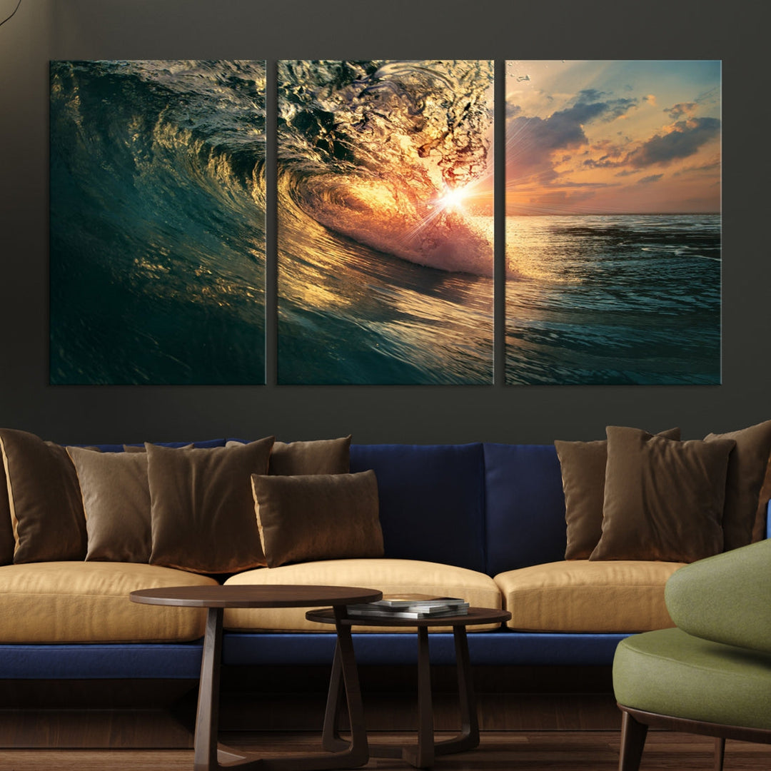 Sunset Surf Wave on Ocean Canvas Wall Art Print Coastal Artwork for Hallway Decor