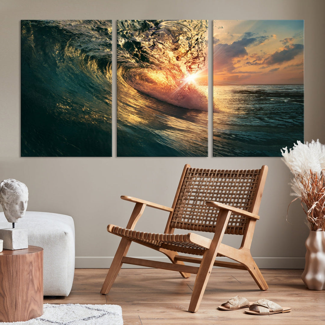 Sunset Surf Wave on Ocean Canvas Wall Art Print Coastal Artwork for Hallway Decor