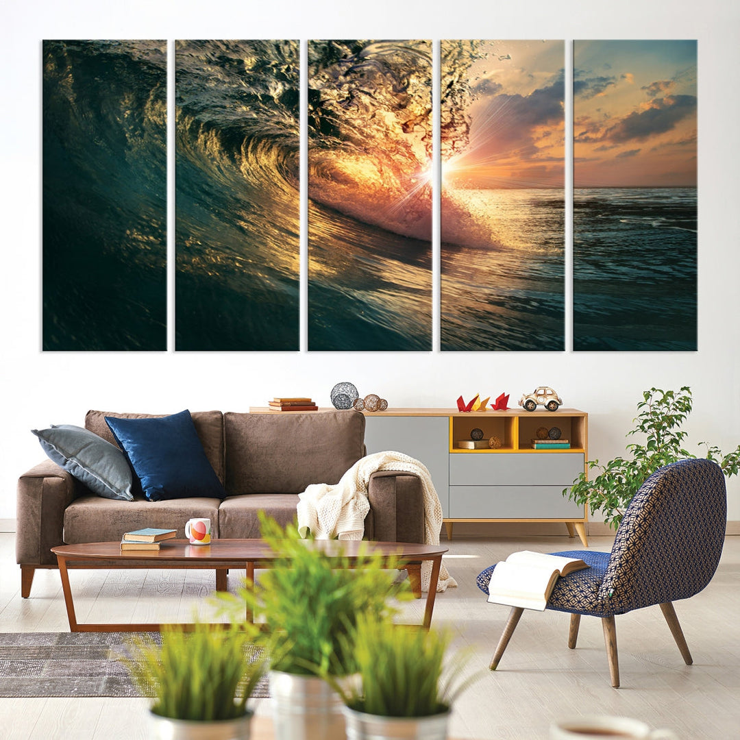 Sunset Surf Wave on Ocean Canvas Wall Art Print Coastal Artwork for Hallway Decor