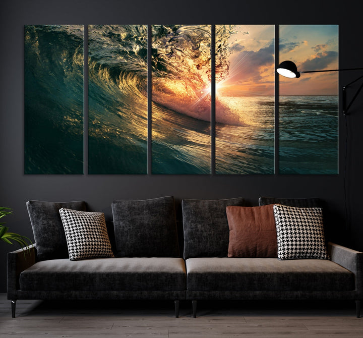 Sunset Surf Wave on Ocean Canvas Wall Art Print Coastal Artwork for Hallway Decor