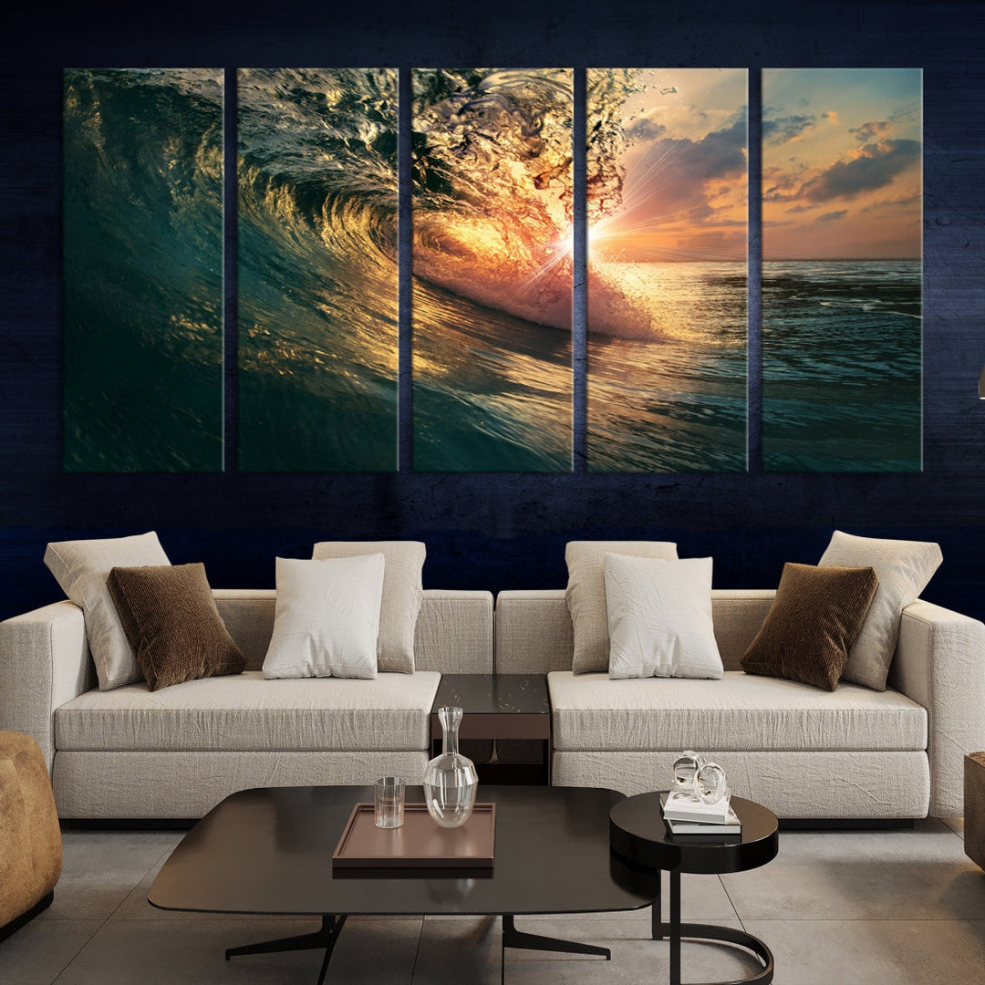 Sunset Surf Wave on Ocean Canvas Wall Art Print Coastal Artwork for Hallway Decor