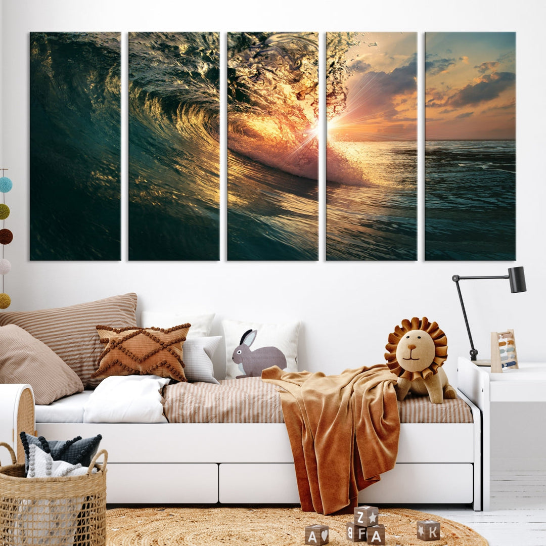 Sunset Surf Wave on Ocean Canvas Wall Art Print Coastal Artwork for Hallway Decor