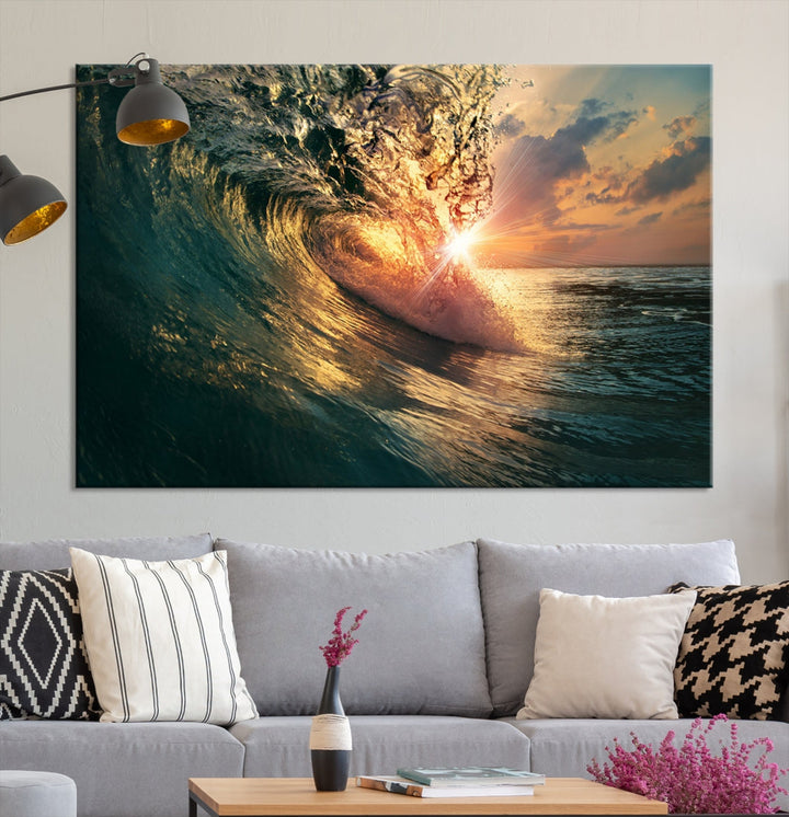 Sunset Surf Wave on Ocean Canvas Wall Art Print Coastal Artwork for Hallway Decor