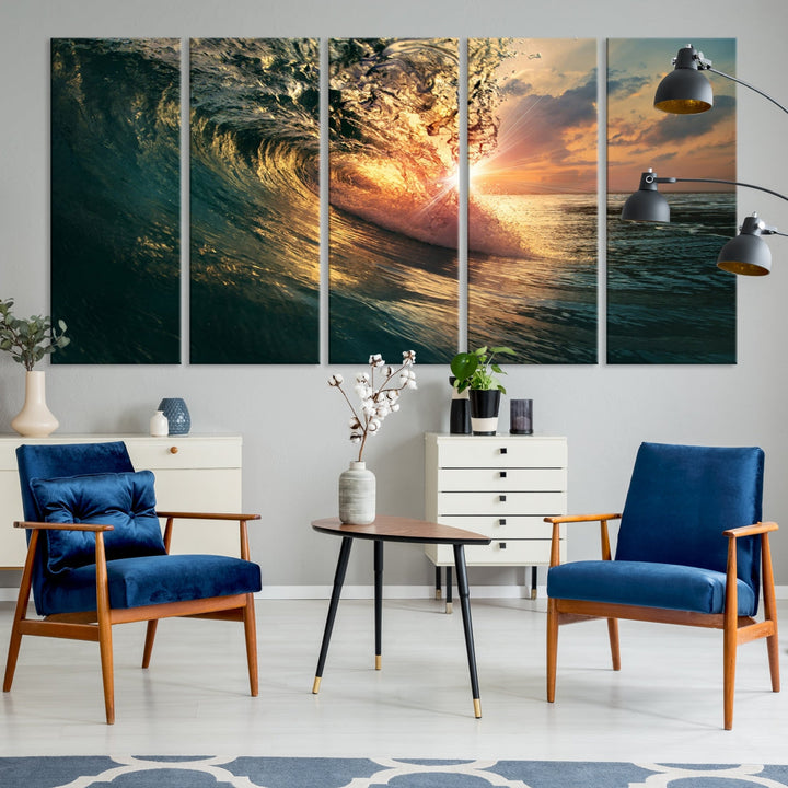 Sunset Surf Wave on Ocean Canvas Wall Art Print Coastal Artwork for Hallway Decor