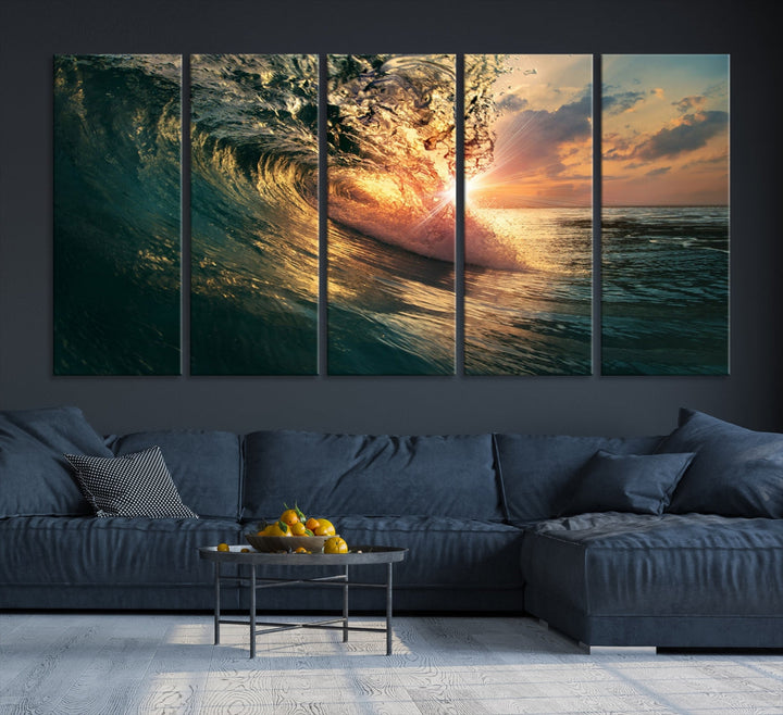 Sunset Surf Wave on Ocean Canvas Wall Art Print Coastal Artwork for Hallway Decor