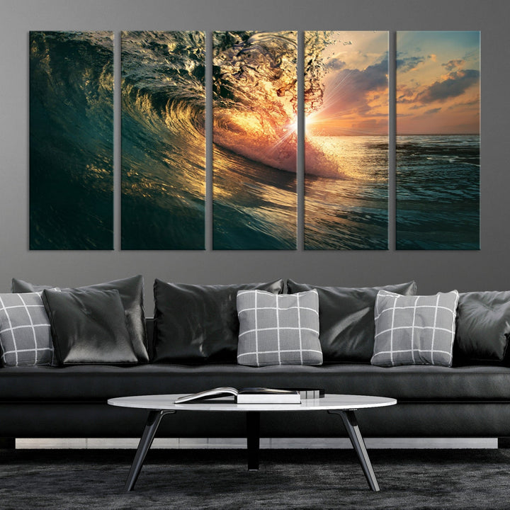 Sunset Surf Wave on Ocean Canvas Wall Art Print Coastal Artwork for Hallway Decor