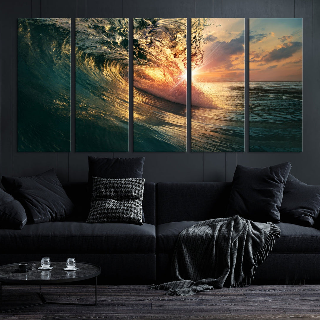 Sunset Surf Wave on Ocean Canvas Wall Art Print Coastal Artwork for Hallway Decor