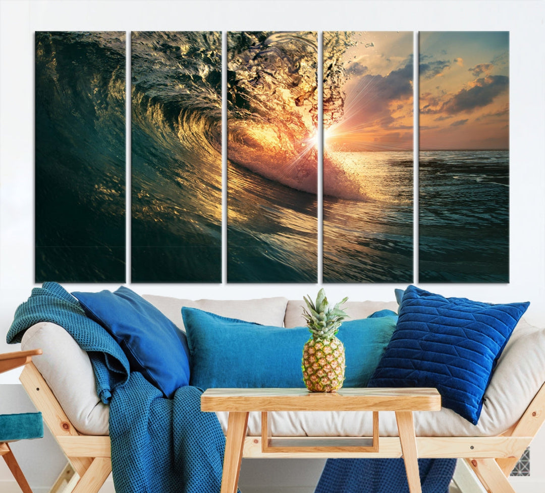 Sunset Surf Wave on Ocean Canvas Wall Art Print Coastal Artwork for Hallway Decor