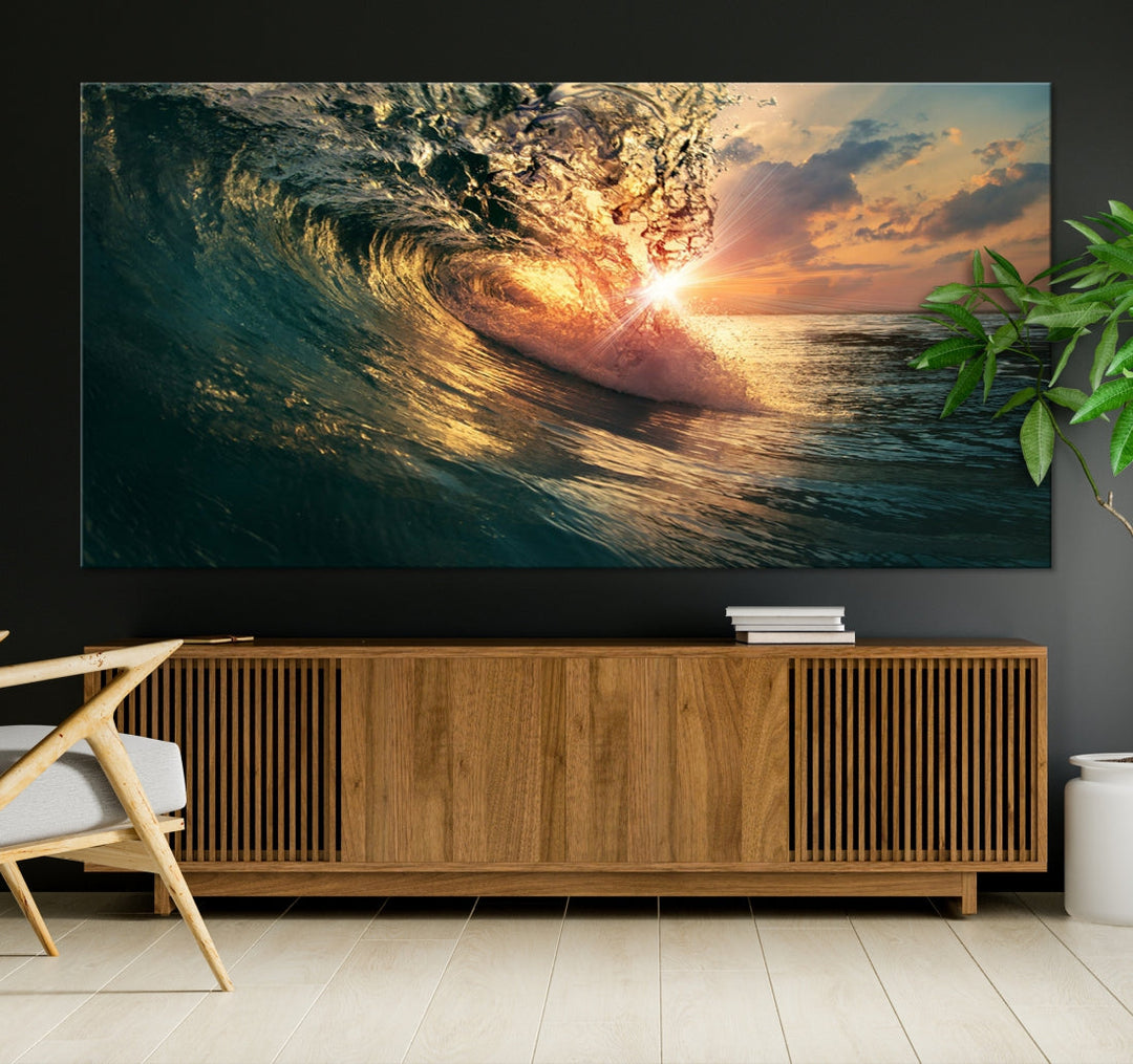 Sunset Surf Wave on Ocean Canvas Wall Art Print Coastal Artwork for Hallway Decor