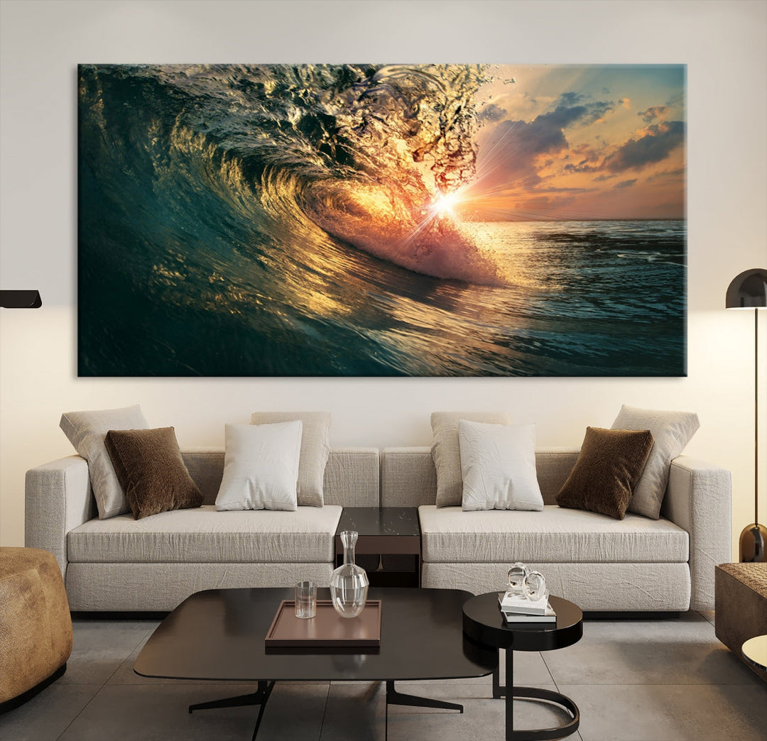 Sunset Surf Wave on Ocean Canvas Wall Art Print Coastal Artwork for Hallway Decor