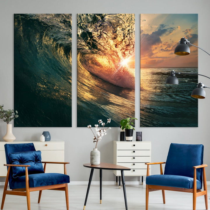 Sunset Surf Wave on Ocean Canvas Wall Art Print Coastal Artwork for Hallway Decor