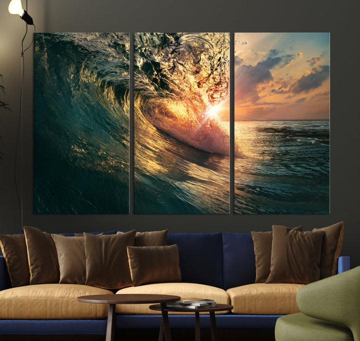 Sunset Surf Wave on Ocean Canvas Wall Art Print Coastal Artwork for Hallway Decor