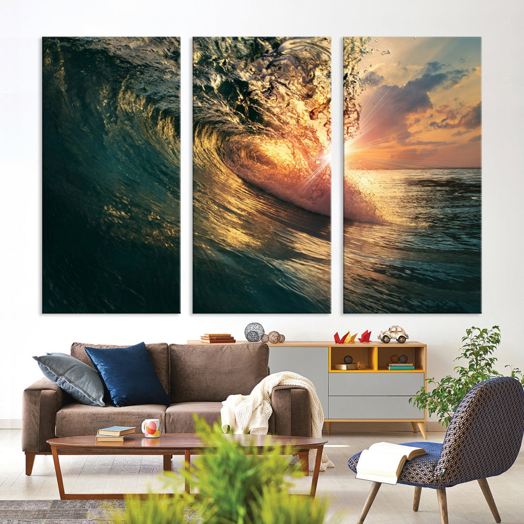 Sunset Surf Wave on Ocean Canvas Wall Art Print Coastal Artwork for Hallway Decor