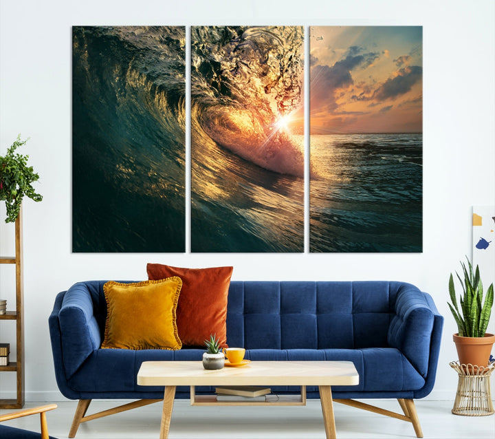 Sunset Surf Wave on Ocean Canvas Wall Art Print Coastal Artwork for Hallway Decor