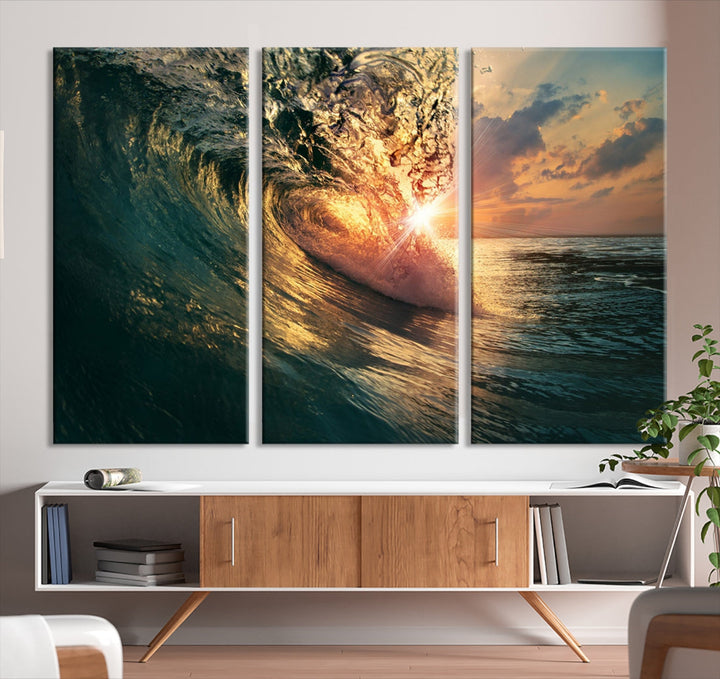 Sunset Surf Wave on Ocean Canvas Wall Art Print Coastal Artwork for Hallway Decor