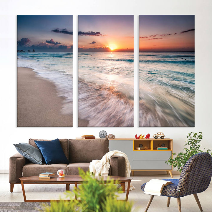 Sunset Wave and Bubble on the Beach Sunset Wall Art Canvas Print