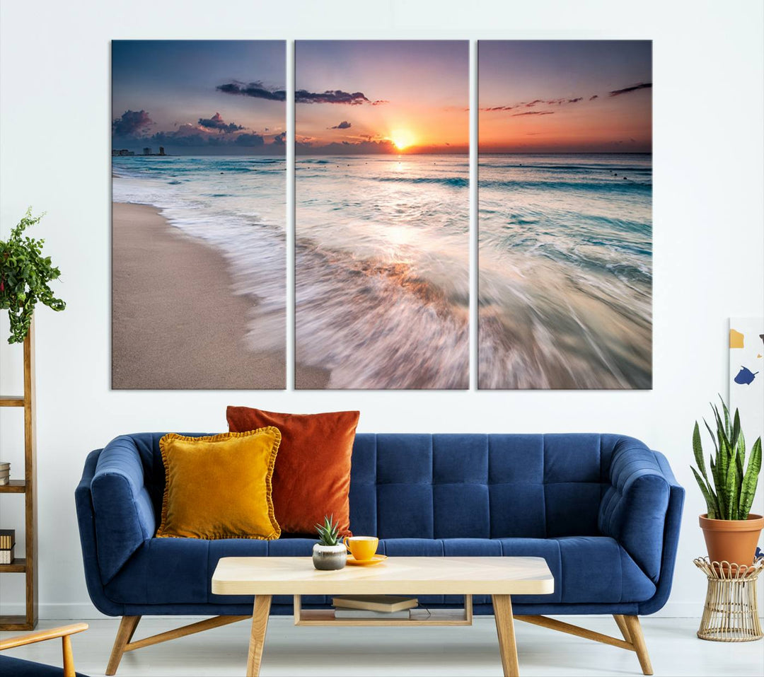 Sunset Wave and Bubble on the Beach Sunset Wall Art Canvas Print