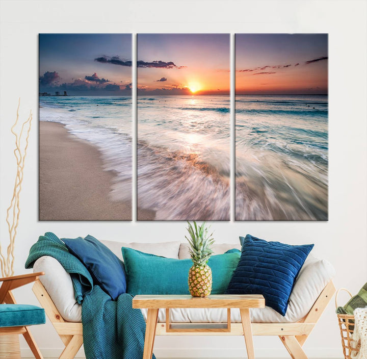 Sunset Wave and Bubble on the Beach Sunset Wall Art Canvas Print