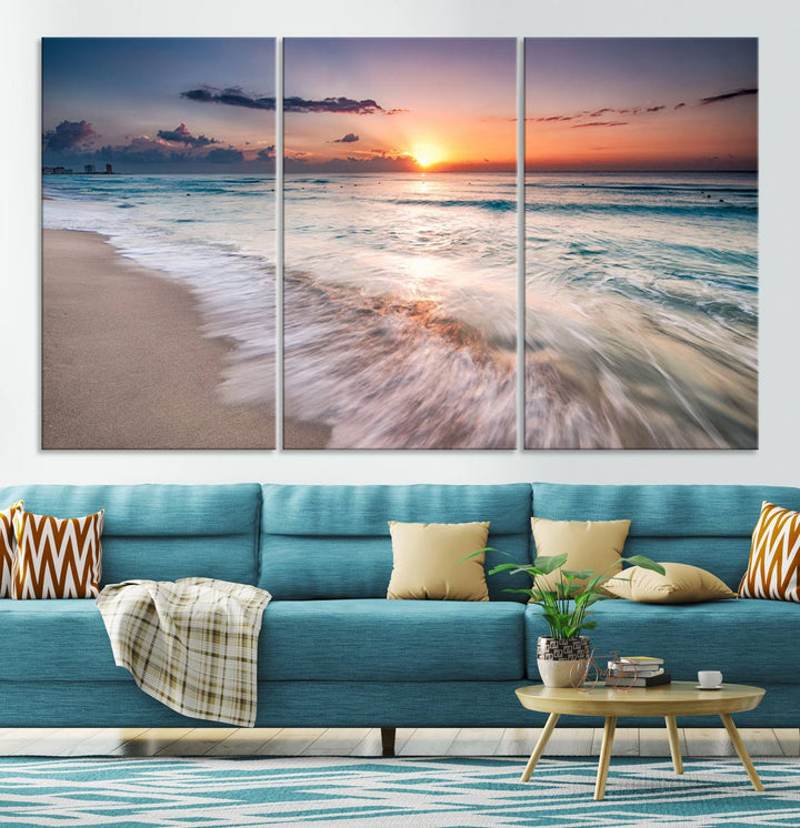 Sunset Wave and Bubble on the Beach Sunset Wall Art Canvas Print