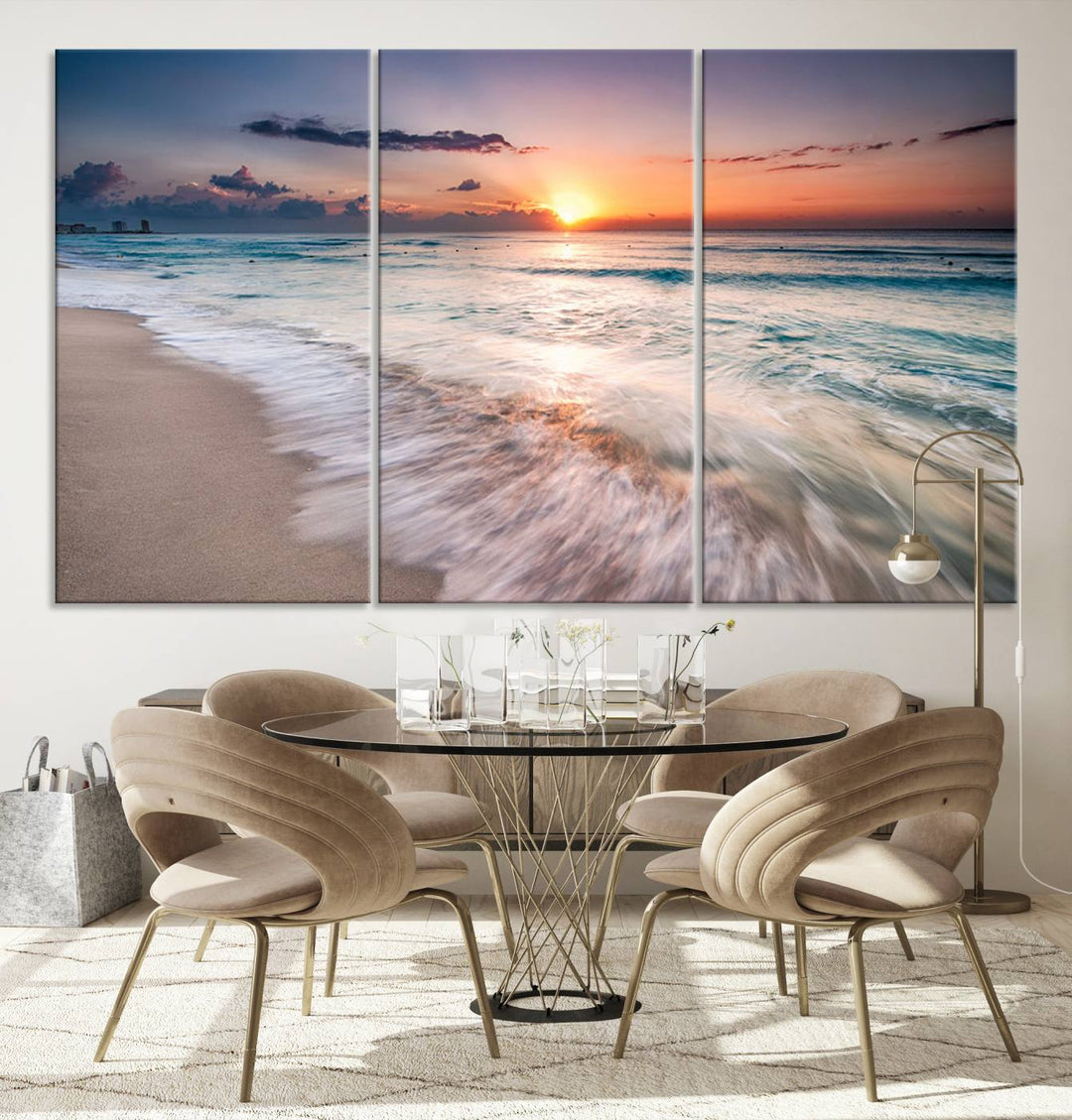 Sunset Wave and Bubble on the Beach Sunset Wall Art Canvas Print