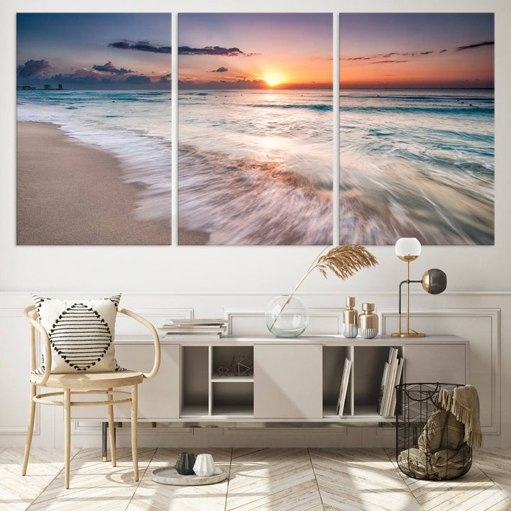 Sunset Wave and Bubble on the Beach Sunset Wall Art Canvas Print