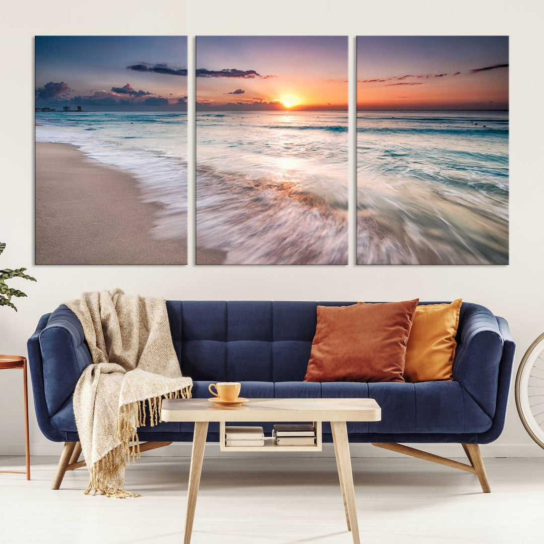 Sunset Wave and Bubble on the Beach Sunset Wall Art Canvas Print