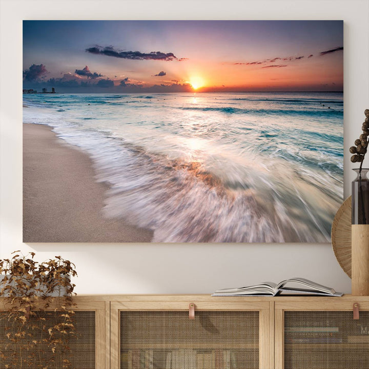 Sunset Wave and Bubble on the Beach Sunset Wall Art Canvas Print